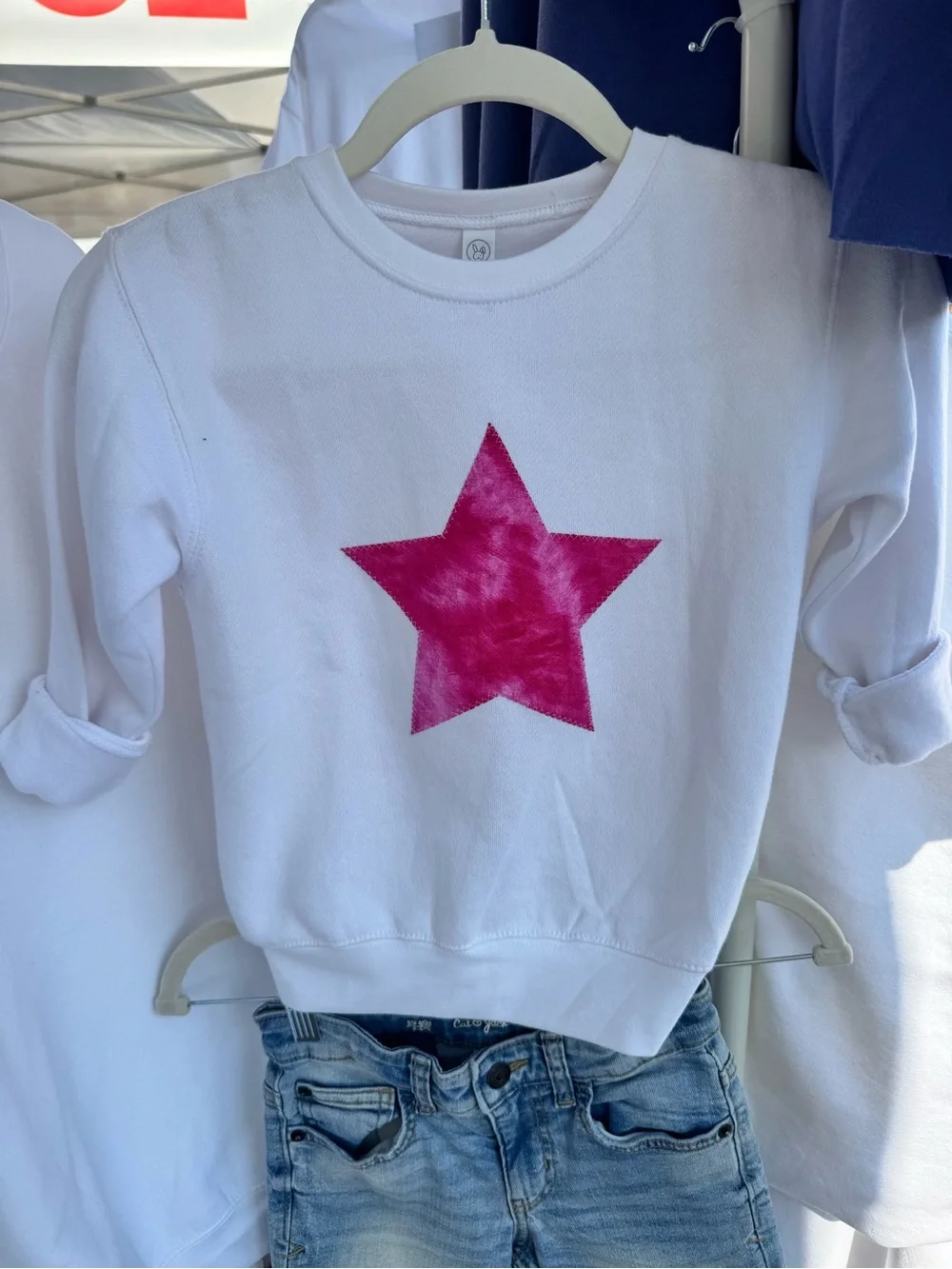 Handmade White Kids Sweatshirt & Light Wash Jeans Set with Pink Stars